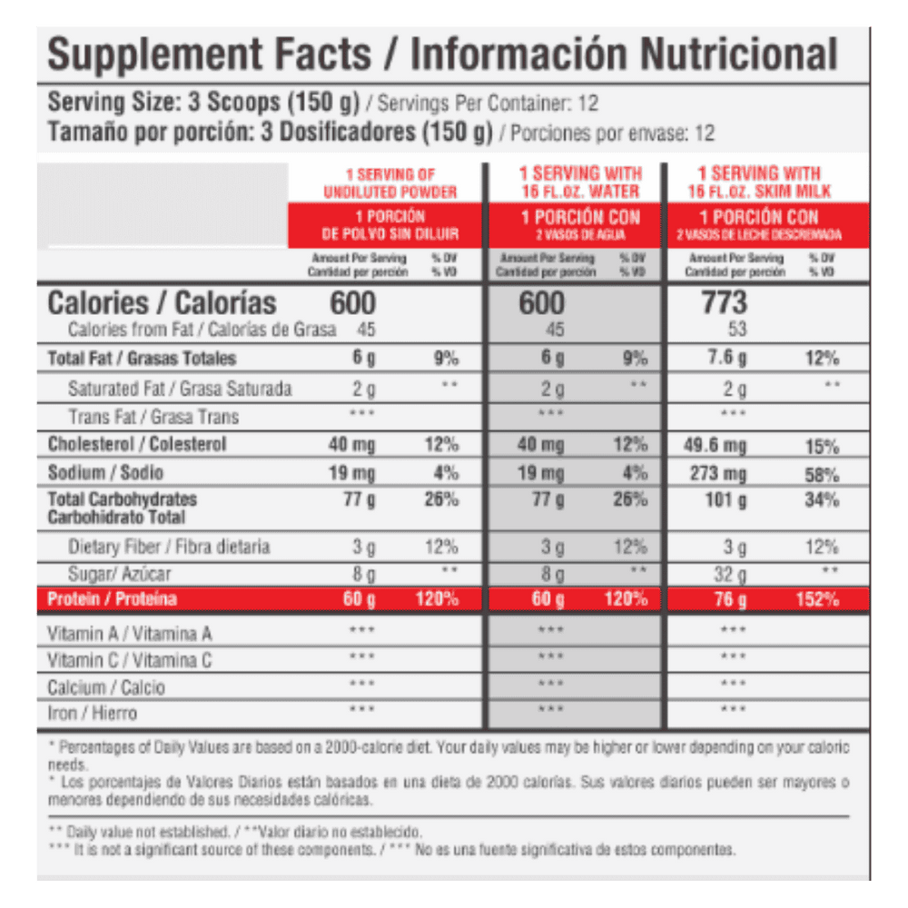 Tabla nutricional de Barbarus 4 lbs, mostrando su fórmula de proteína, creatina y HMB.