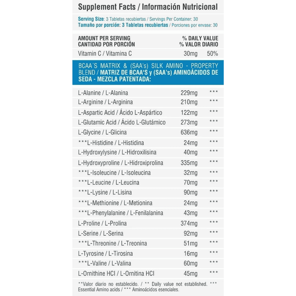 Tabla de ingredientes de BCAA Matrix, mostrando 2700mg de BCAA por servicio.