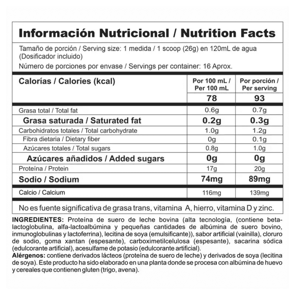 Tabla nutricional de Bipro Classic de 1 libra, mostrando su perfil cero carbohidratos.