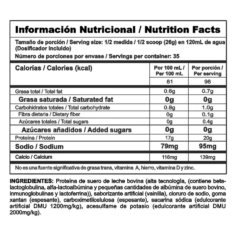Tabla nutricional de Bipro Classic mostrando su alto contenido de proteína por servicio y bajo nivel de carbohidratos.

