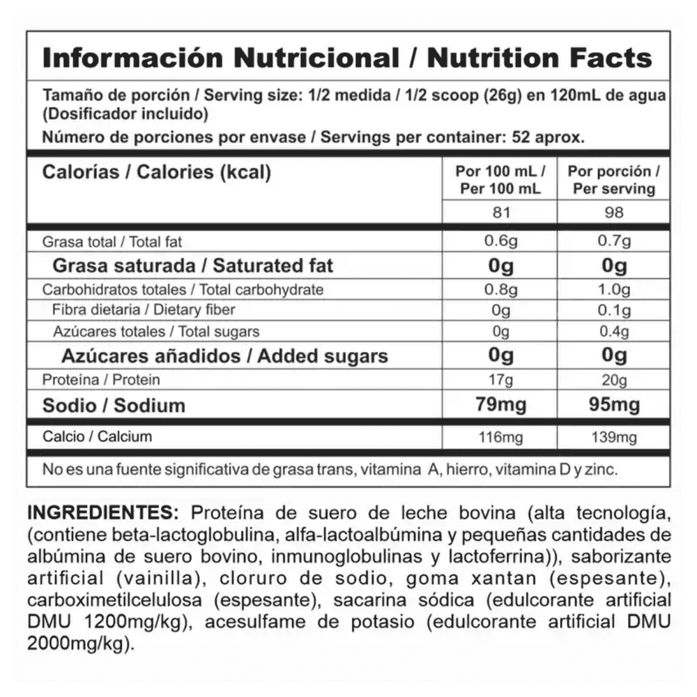 Tabla nutricional de Bipro Classic, mostrando su perfil cero carbohidratos y alto en proteína.