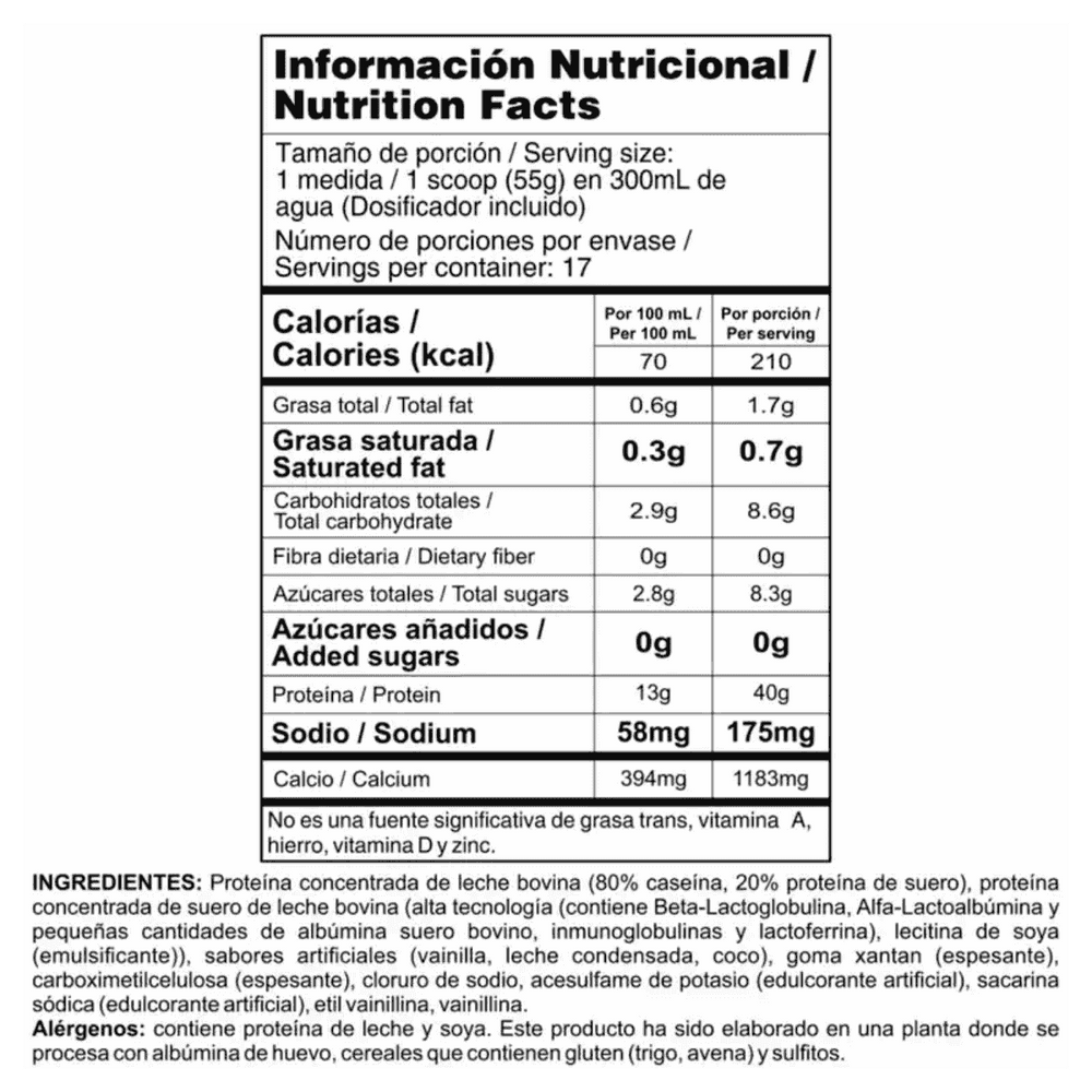 Tabla nutricional de Bipro Complex, mostrando su perfil de proteína, carbohidratos y vitaminas.