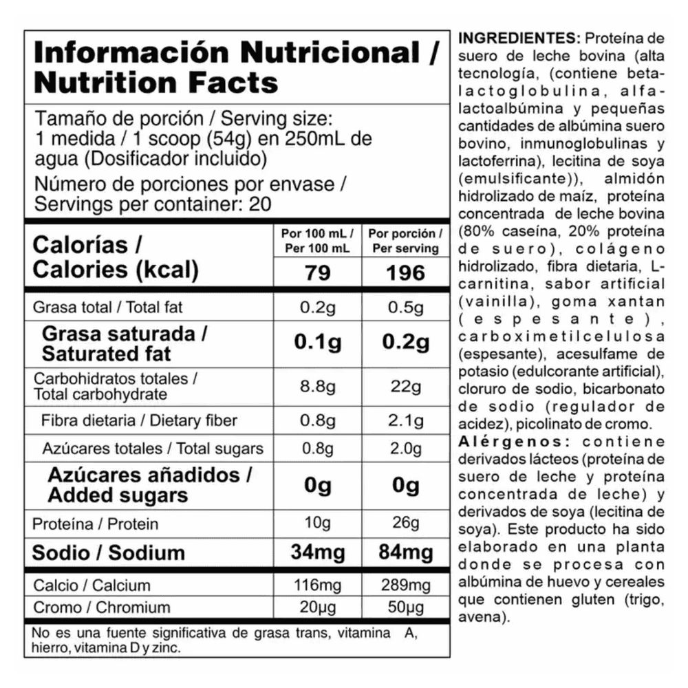 Tabla nutricional de Bipro Lite mostrando su alto porcentaje de proteína y su casi nulo contenido de carbohidratos y grasas.
