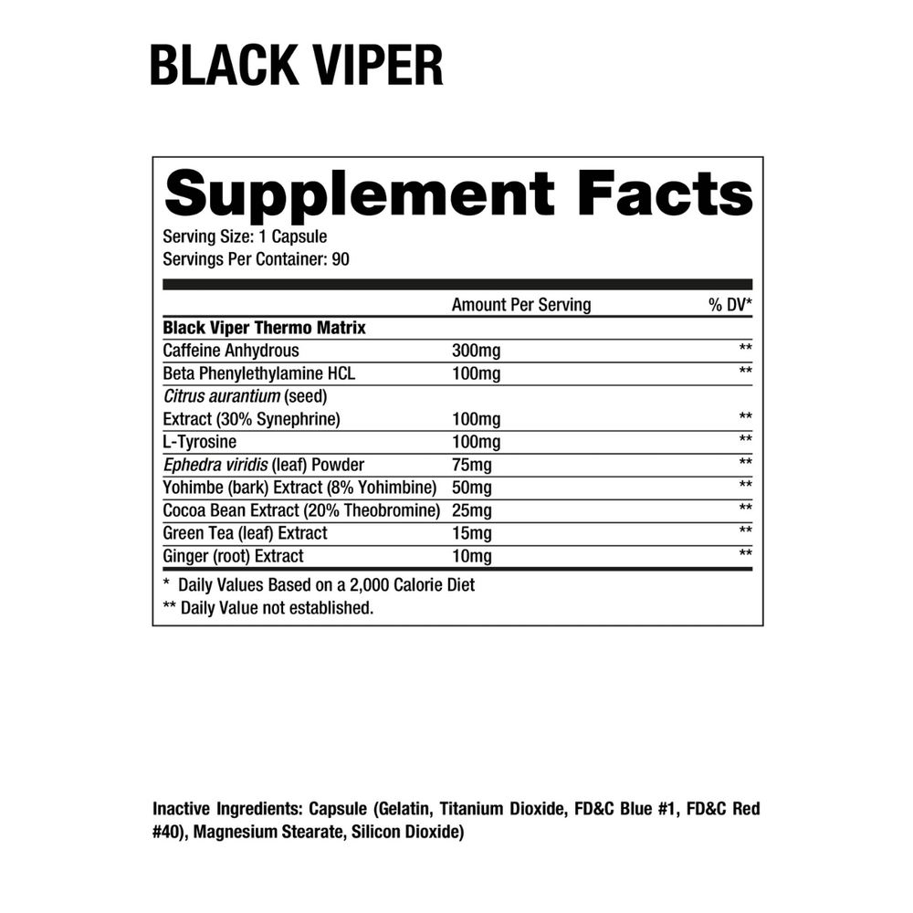 Tabla de ingredientes de Black Viper, mostrando su potente matriz termogénica y estimulante.