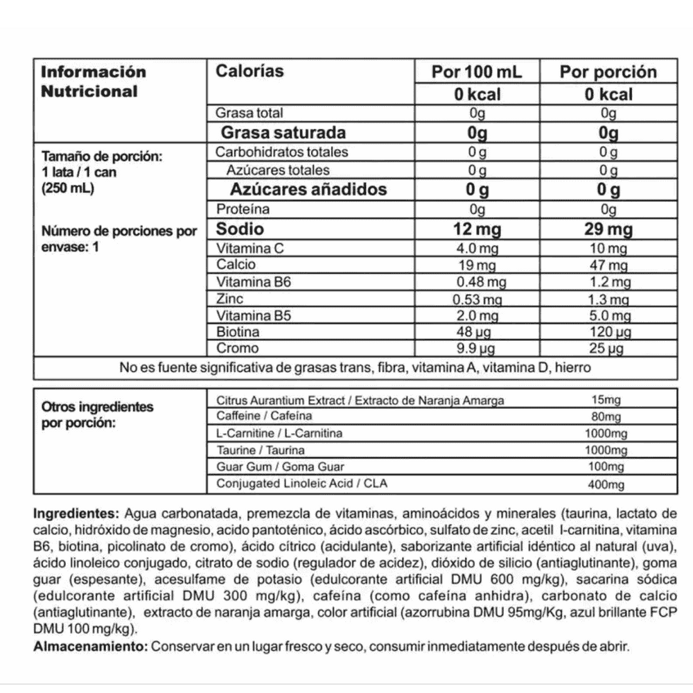 Tabla nutricional de la bebida termogénica Burner Stack.