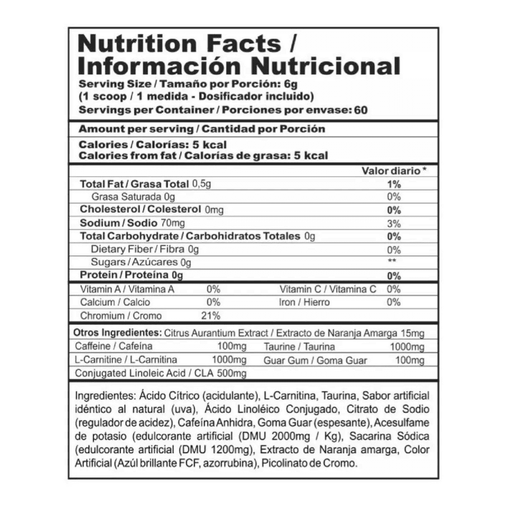 Tabla de ingredientes del quemador de grasa Burner Stack de Nutramerican.