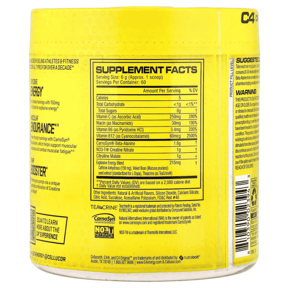 Tabla nutricional de C4 Original, mostrando su contenido de cafeína, beta-alanina y nitrato de creatina.