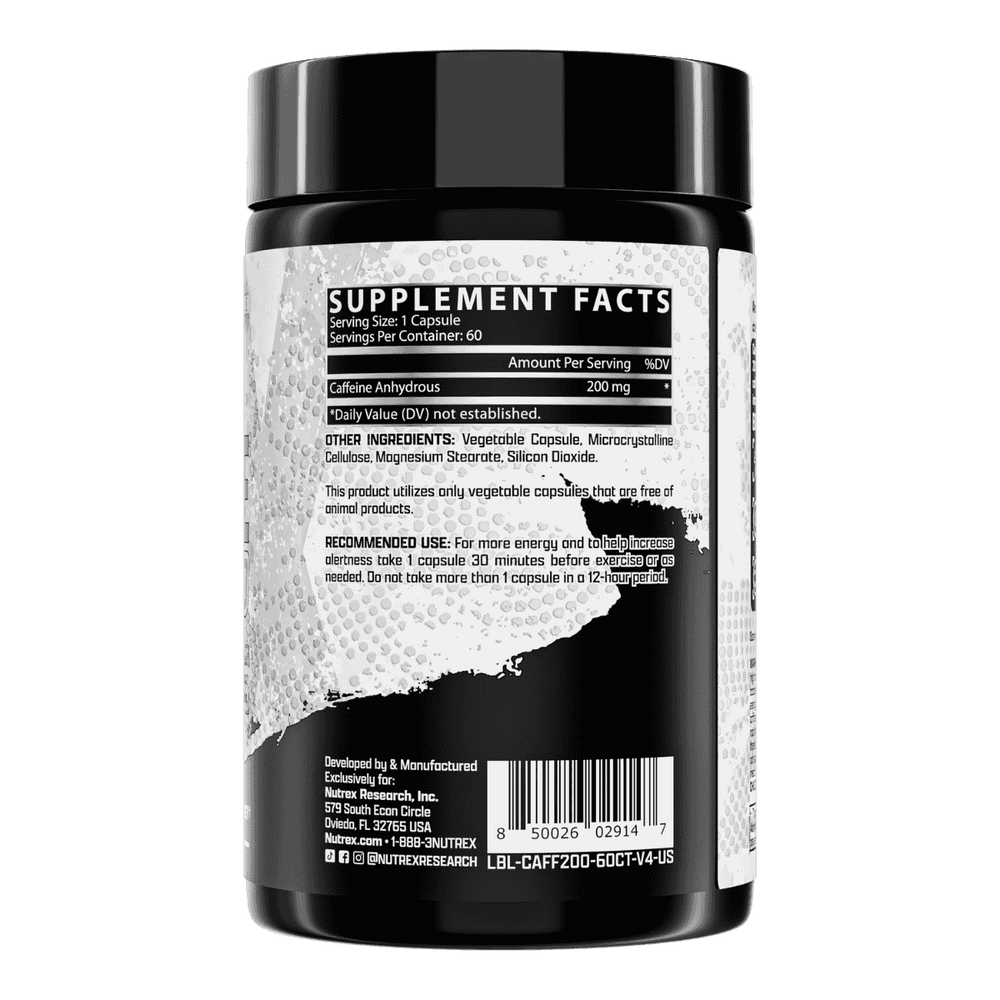 Información nutricional de Caffeine 200 de Nutrex, mostrando 200mg de cafeína por cápsula.