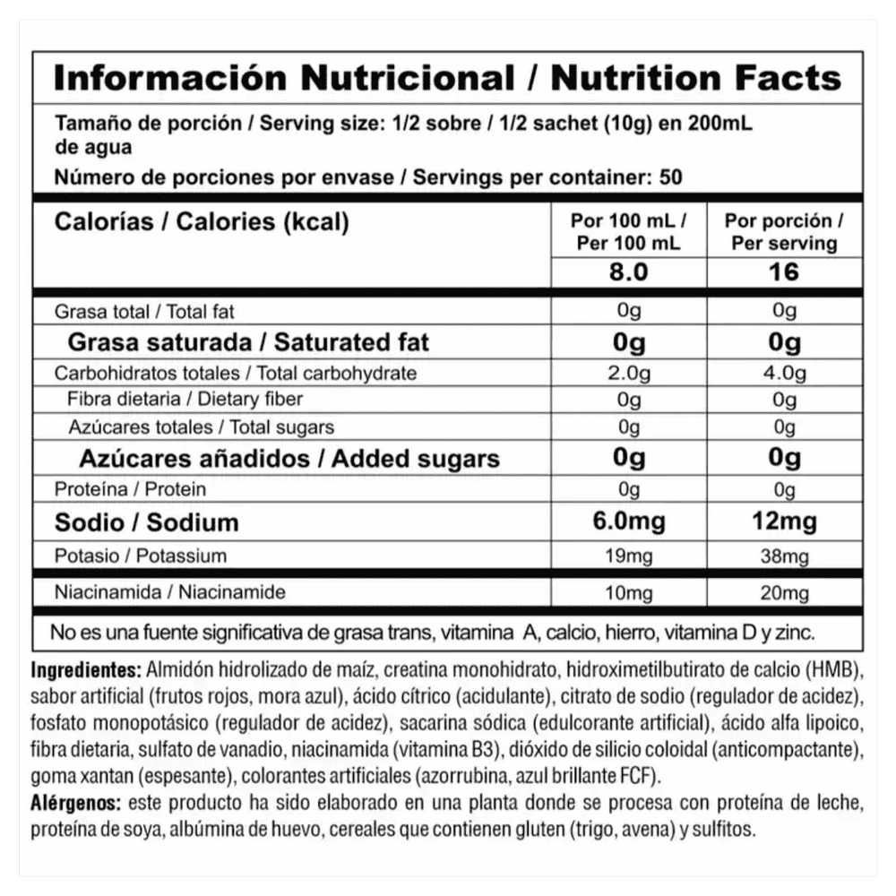 información nutricional sachet o sobre individual de la fórmula de creatina avanzada Creastack.
