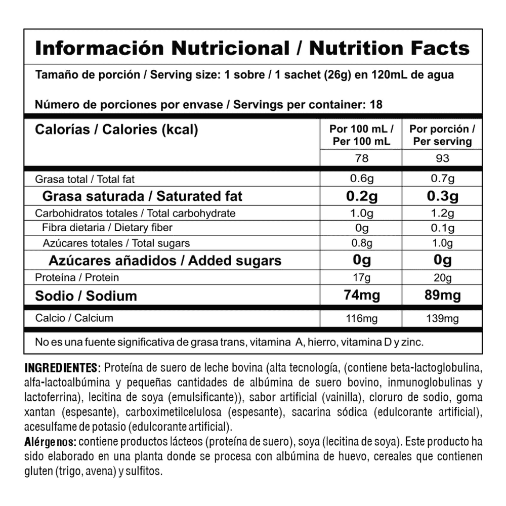 Informacion sachet o sobre individual de la proteína Bipro Classic de Nutramerican