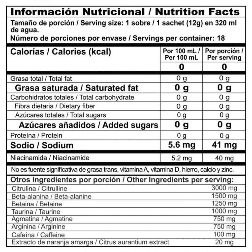 Información nutricional sachet o sobre individual del potente pre-entreno Radical.