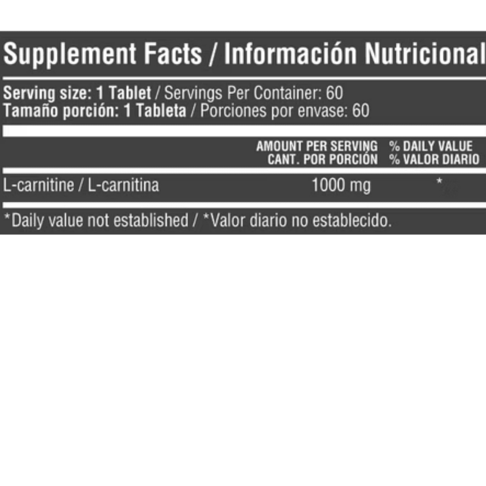 Información nutricional de la L-Carnitina de Healthy Sports, mostrando 1000mg por servicio.