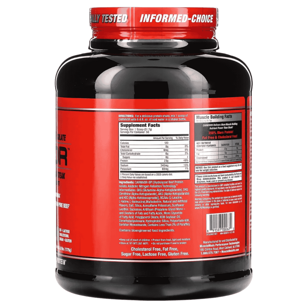 Tabla nutricional de la proteína Carnivor de 4 libras, mostrando su alto contenido de proteína de res.