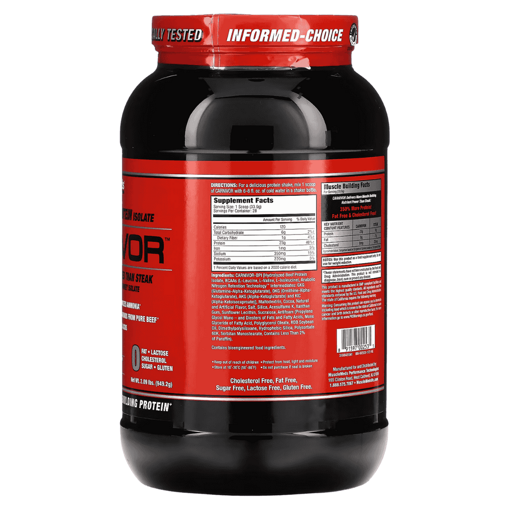 Tabla nutricional de la proteína Carnivor, mostrando su alto contenido de proteína de carne y creatina.