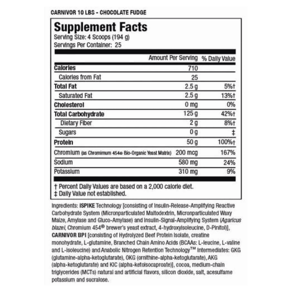 Tabla nutricional de Carnivor Mass 10 lbs, mostrando las calorías y proteína de res por servicio.