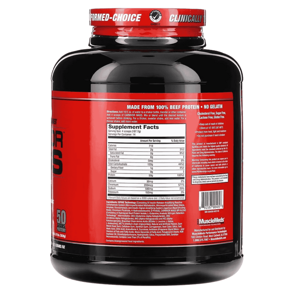 Tabla nutricional de Carnivor Mass, mostrando su alto contenido de calorías, proteína de res y carbohidratos.