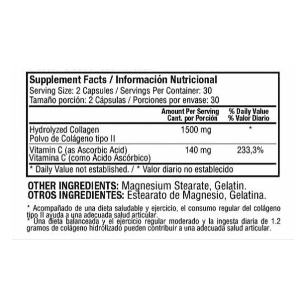 Tabla de ingredientes de Collagen Complex, mostrando colágeno hidrolizado, biotina y vitamina C.