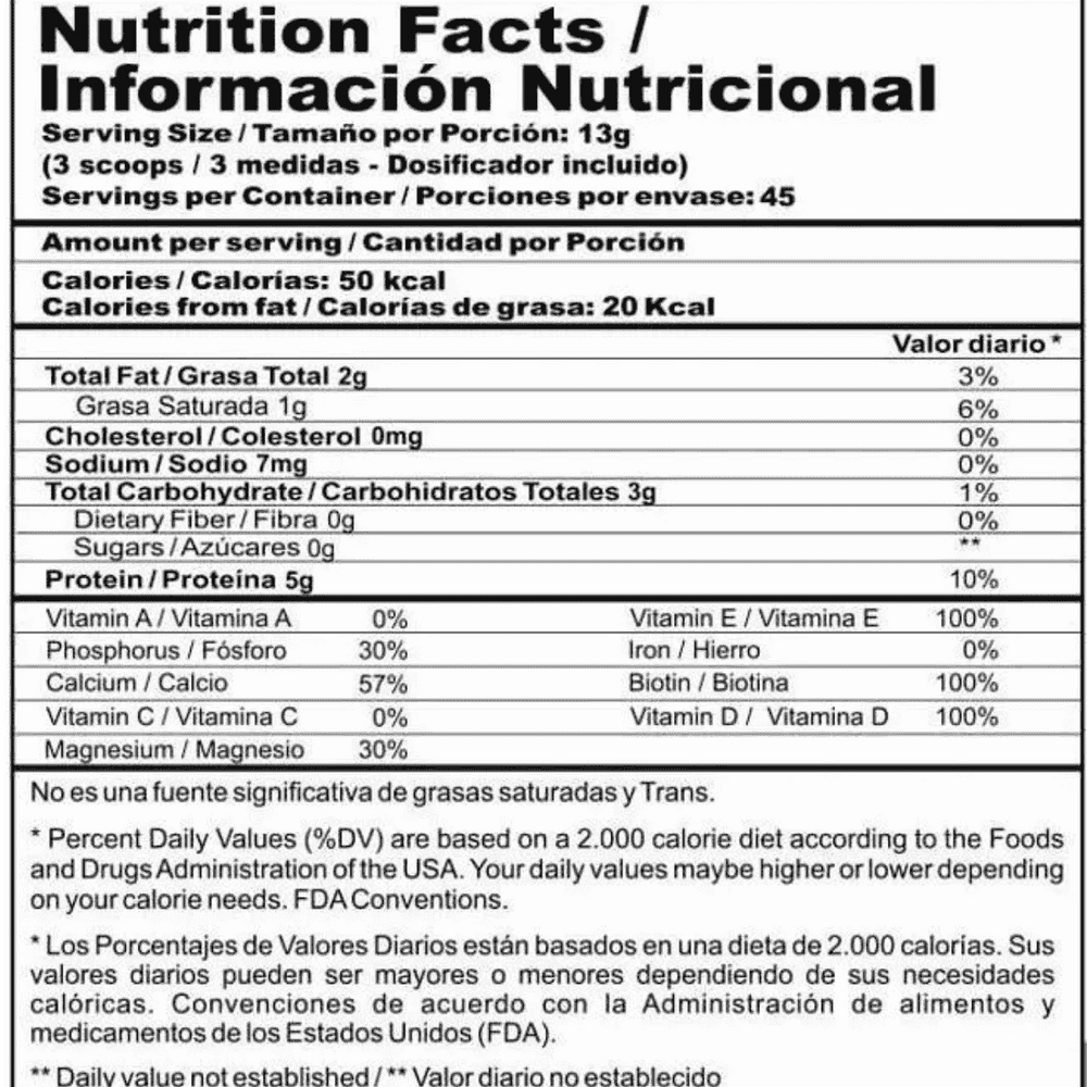 Tabla de ingredientes de Collagen Stack, mostrando colágeno, biotina y vitamina C.
