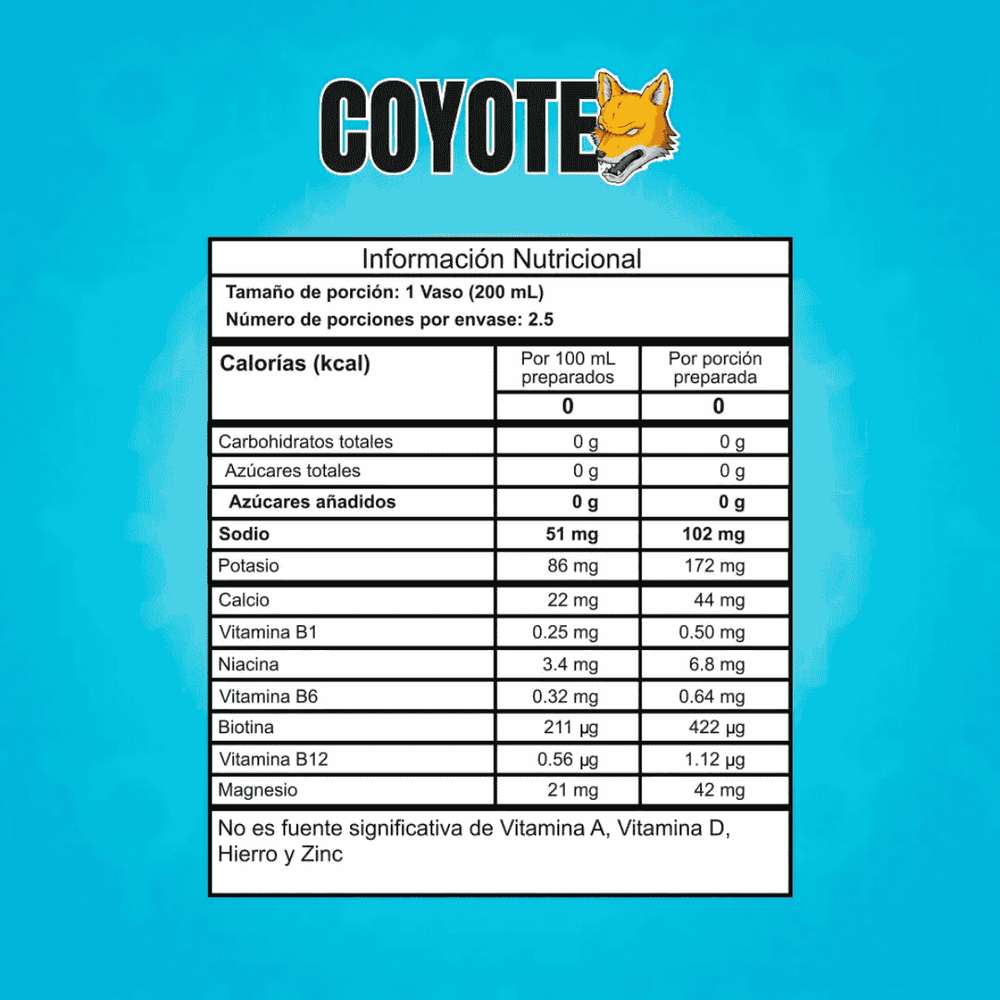 Tabla de ingredientes del pre-entreno líquido Coyote de Fitmafia.