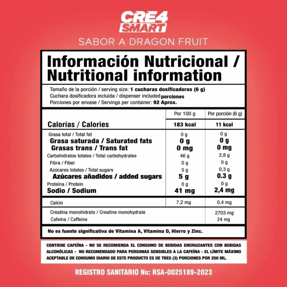 Tabla de ingredientes de Cre4 Smart, mostrando su matriz de 4 tipos de creatina.