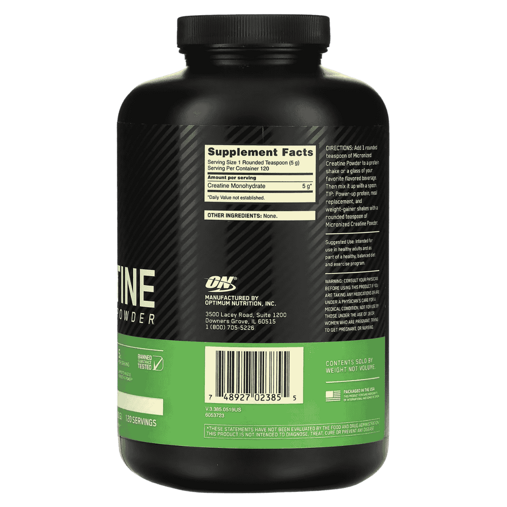 Información nutricional de la creatina Optimum Nutrition de 120 servicios.