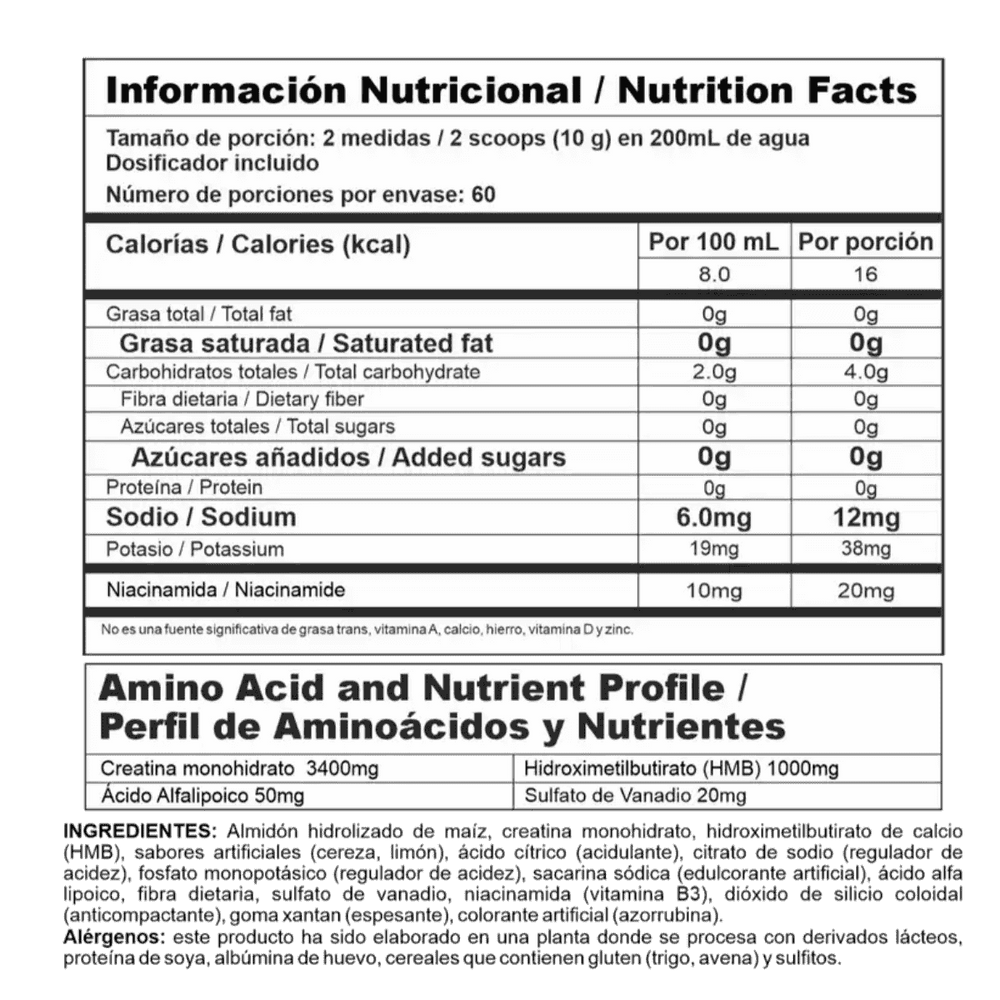 Tabla nutricional de Creastack, mostrando su mezcla de creatina, carbohidratos y HMB.