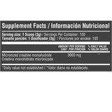 Información nutricional de la Creatina Healthy Sports, mostrando creatina monohidratada pura.
