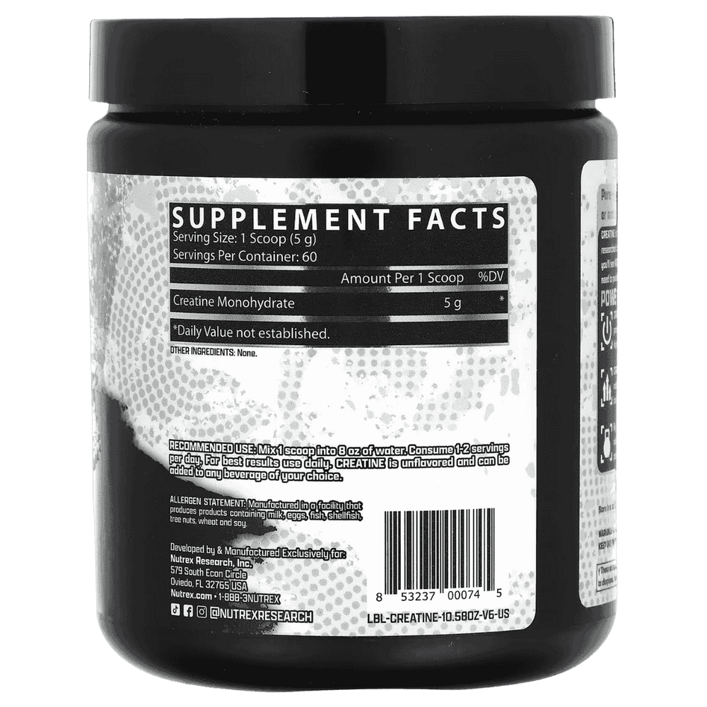 Tabla nutricional de la creatina de Nutrex, mostrando 5g de creatina monohidratada por servicio.