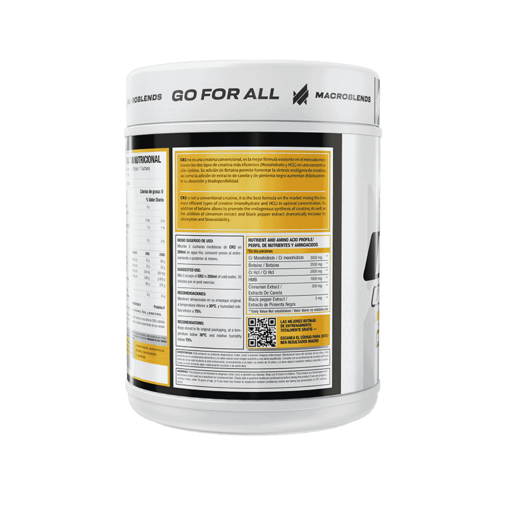 Tabla de ingredientes de Creatina CR2, mostrando su mezcla de Creatina Monohidratada y HCL.