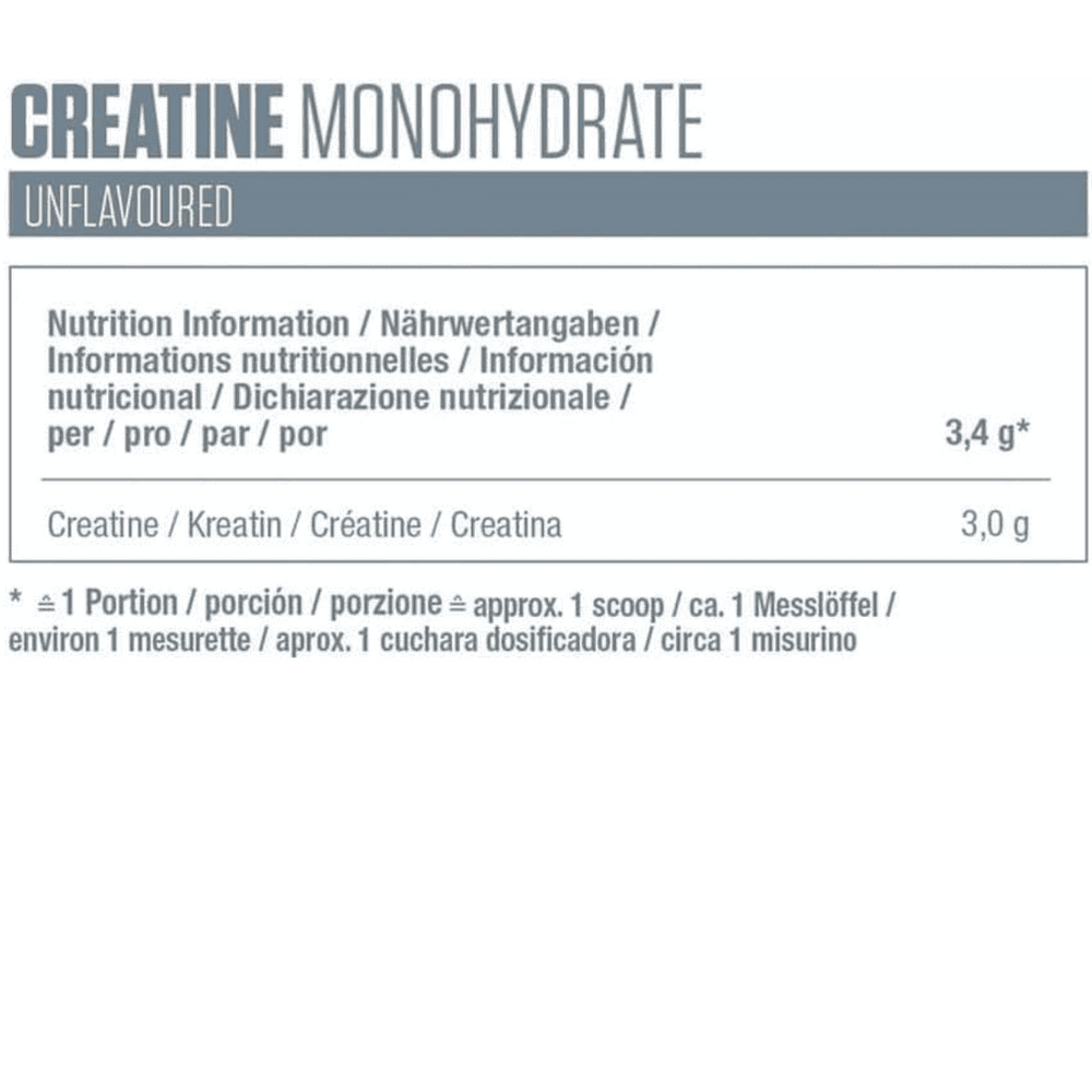 Tabla nutricional de la creatina de Dymatize, mostrando 5g de creatina monohidratada por servicio.