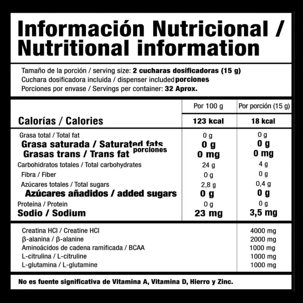 Tabla nutricional de la Creatina HCL SMART ATTACK, suplemento para fuerza y potencia.