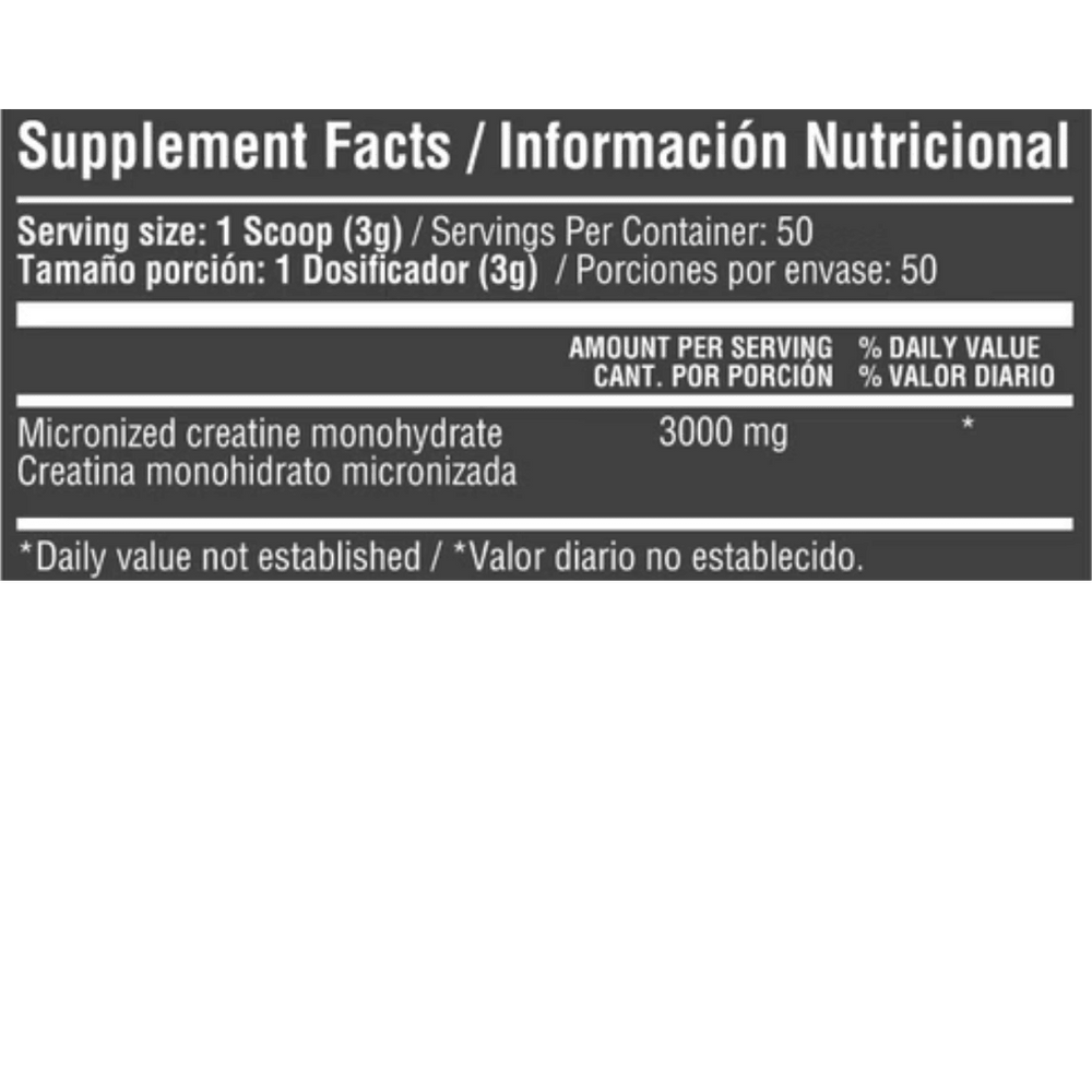 Información nutricional de la Creatina Healthy Sports de 50 servicios.