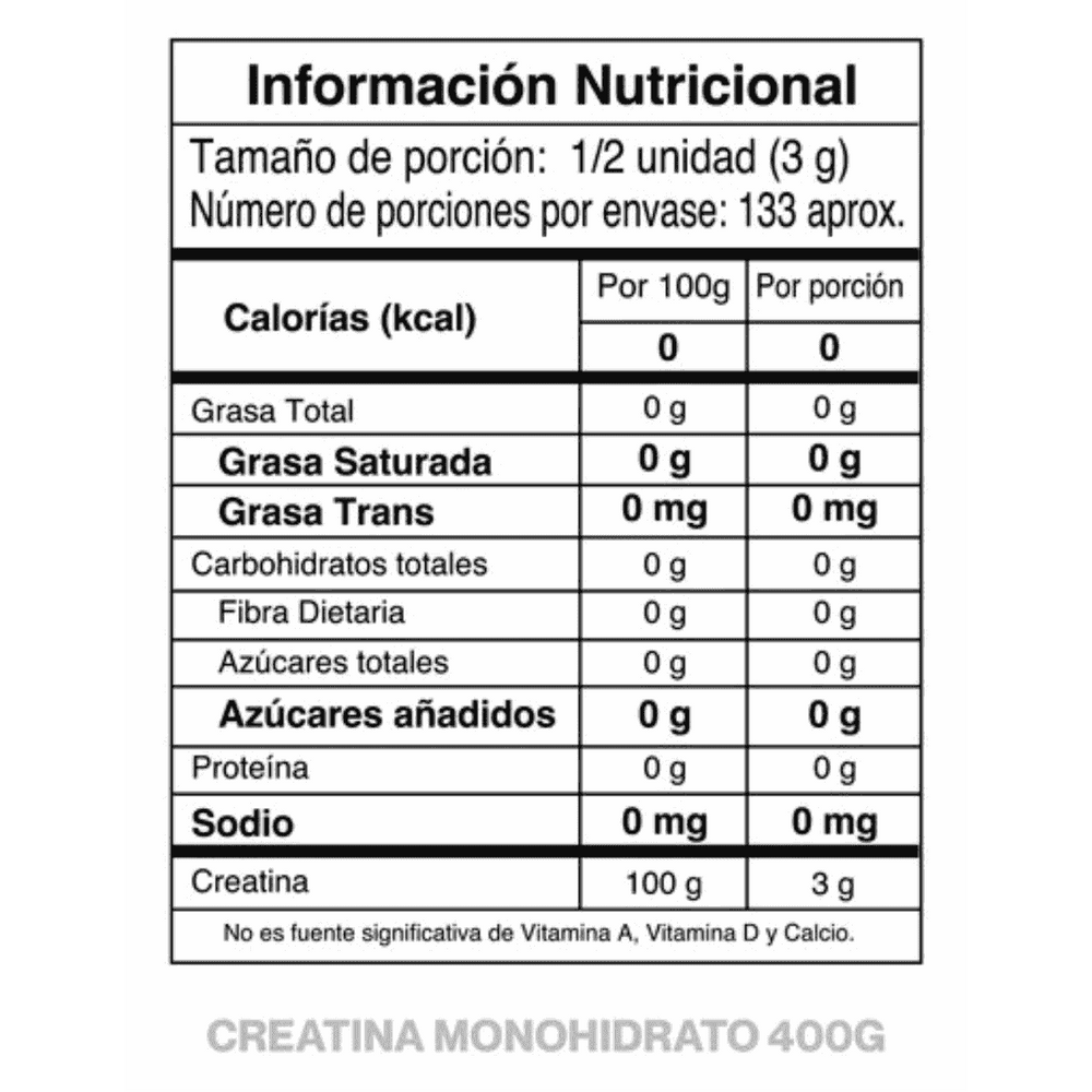 Información nutricional de la Creatina IMN de 133 servicios.
