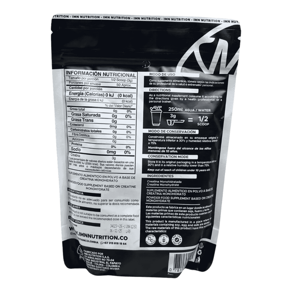 Información nutricional de la Creatina IMN, mostrando creatina monohidratada pura.