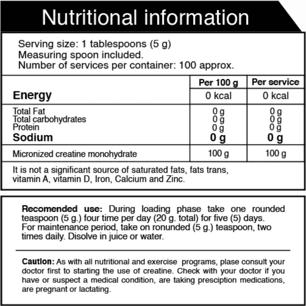 Información nutricional de la Creatina Ultra Pure, mostrando creatina monohidratada pura.