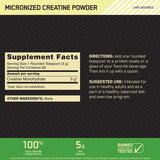 Tabla nutricional de la creatina de Optimum Nutrition de 60 servicios, mostrando 5g de creatina monohidratada pura por servicio.