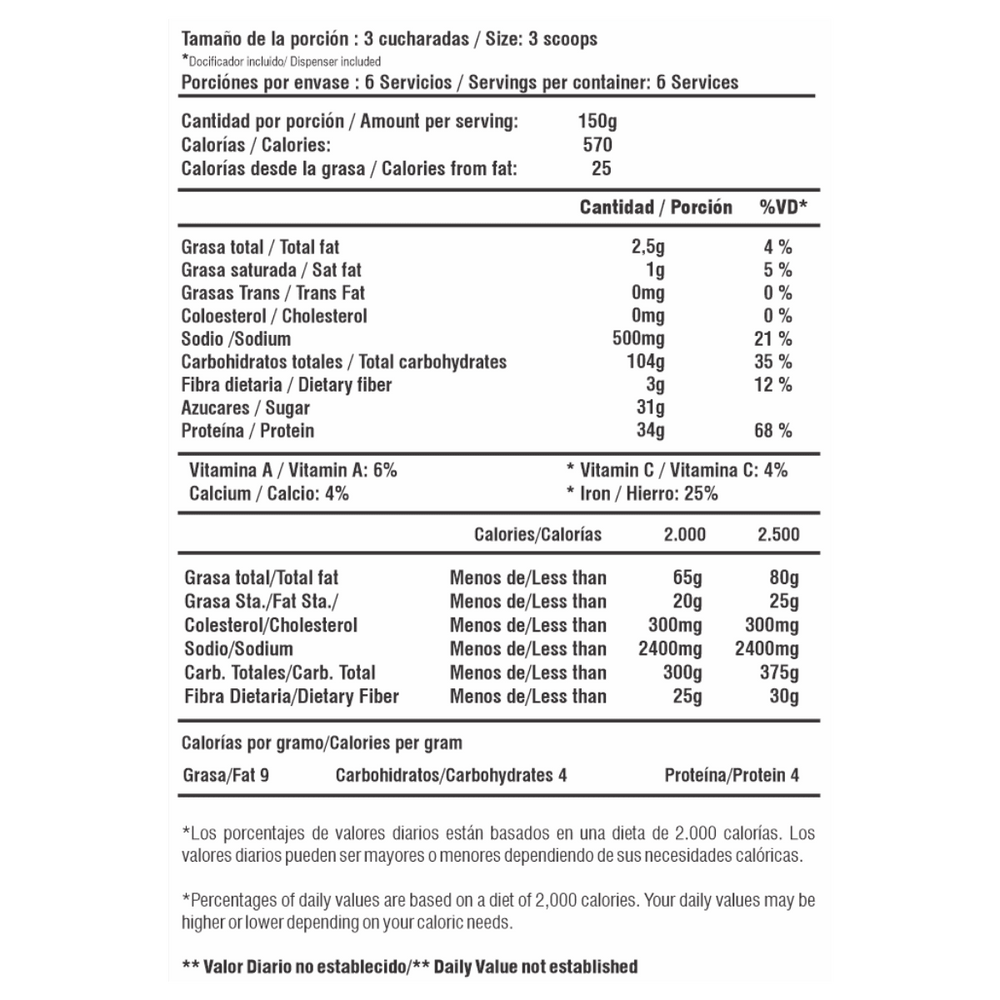 Información nutricional de la Creatina Ultra Pure, mostrando 5g de creatina monohidratada por servicio.
