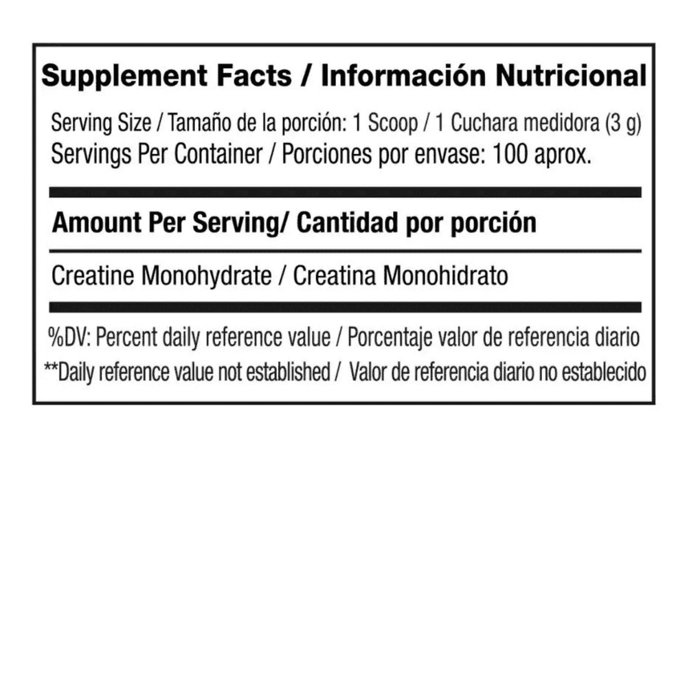 Información nutricional de la Creatina Vitanas de 100 servicios.