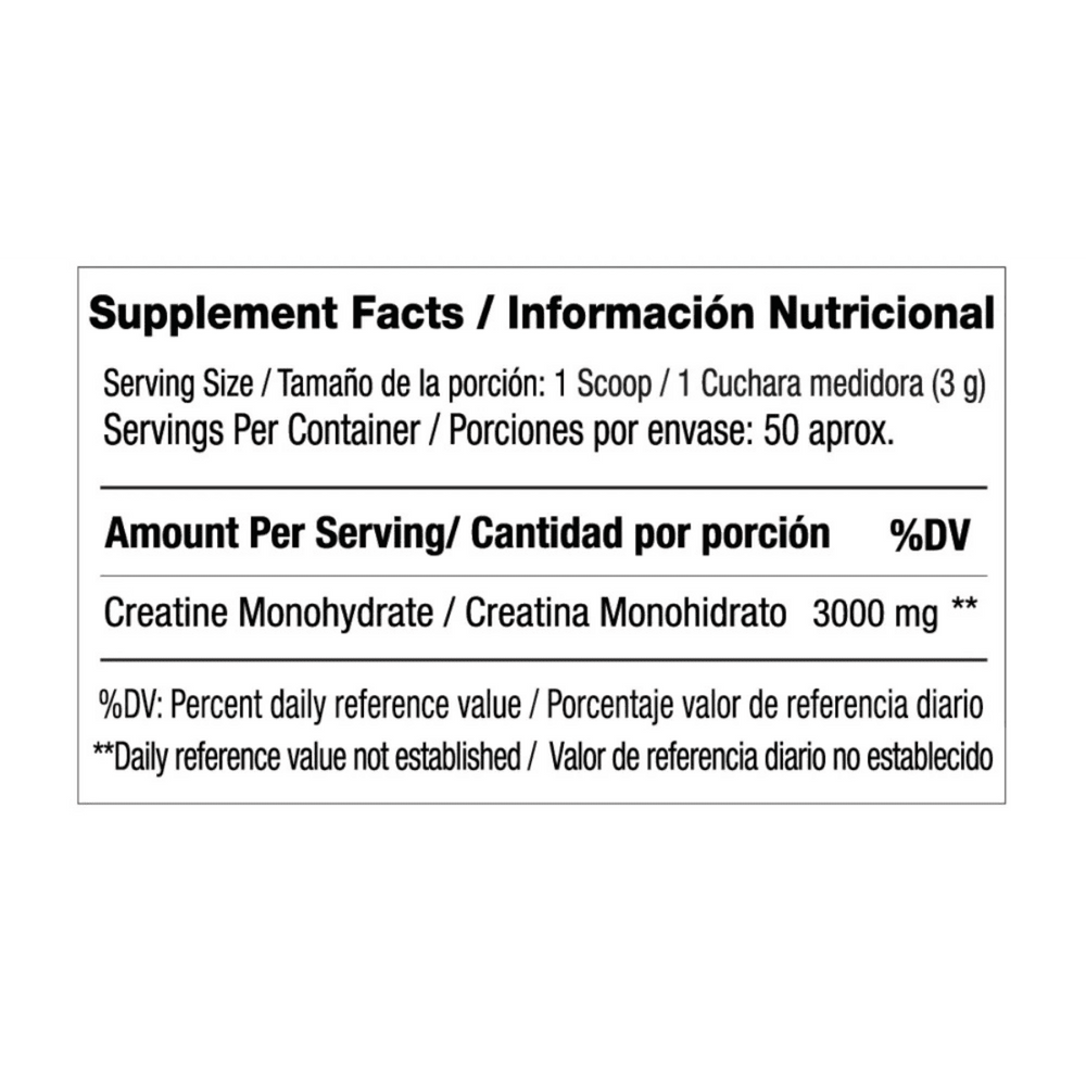Información nutricional de la Creatina Vitanas, mostrando creatina monohidratada pura por servicio.