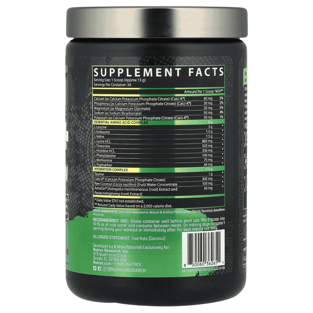 Tabla de ingredientes de EAA+ Hydration, mostrando el perfil completo de aminoácidos esenciales y electrolitos.