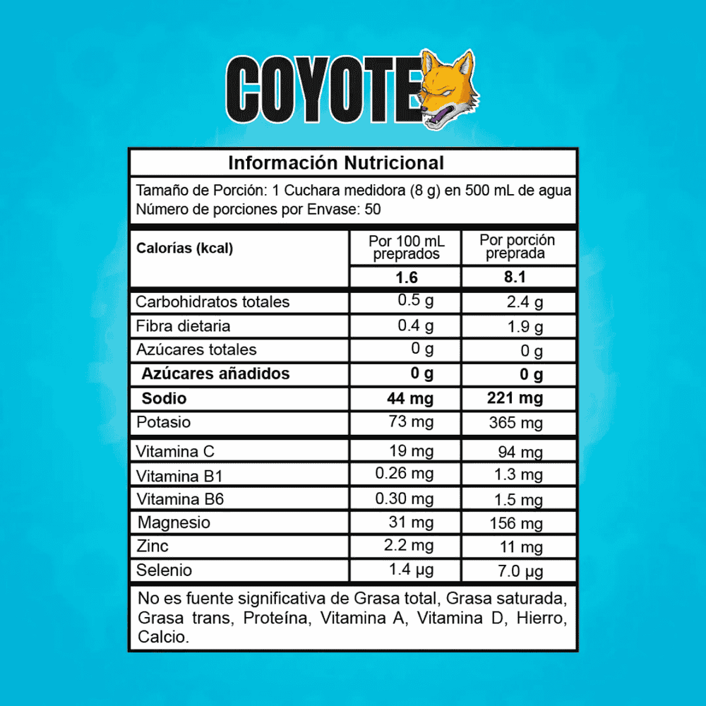 Tabla nutricional del energizante Coyote de Fitmafia.