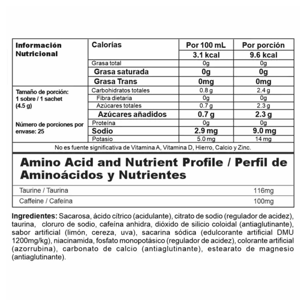 Tabla nutricional del pre-entreno Energy X de Nutramerican.