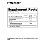 Tabla de ingredientes de Fematrope, mostrando su matriz para el crecimiento muscular femenino.