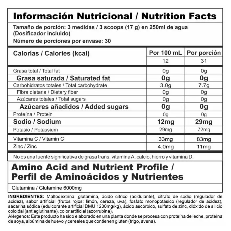 Tabla nutricional de Gluta Stack, mostrando su contenido de L-Glutamina y BCAAs por servicio.