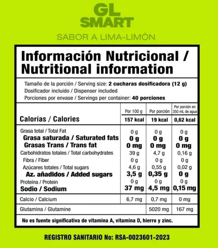 Tabla nutricional de la Glutamina de Smart Nutrition, mostrando los gramos de L-Glutamina por servicio.