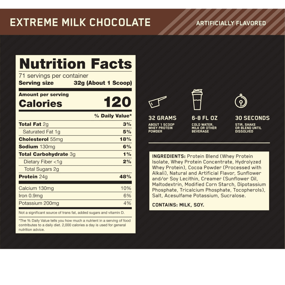 Tabla nutricional de la proteína Gold Standard Whey de 5 libras, mostrando 24g de proteína por servicio.