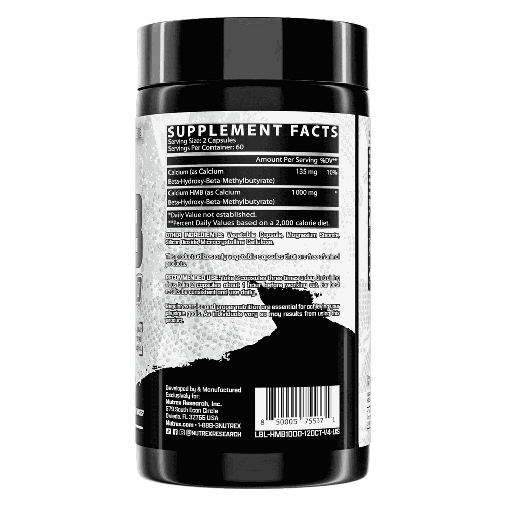 Tabla de ingredientes de HMB 1000 de Nutrex, mostrando HMB puro.