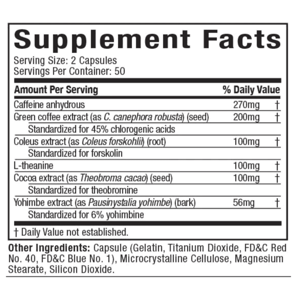 Tabla nutricional de Hydroxycut Hardcore Elite, mostrando su potente matriz termogénica.