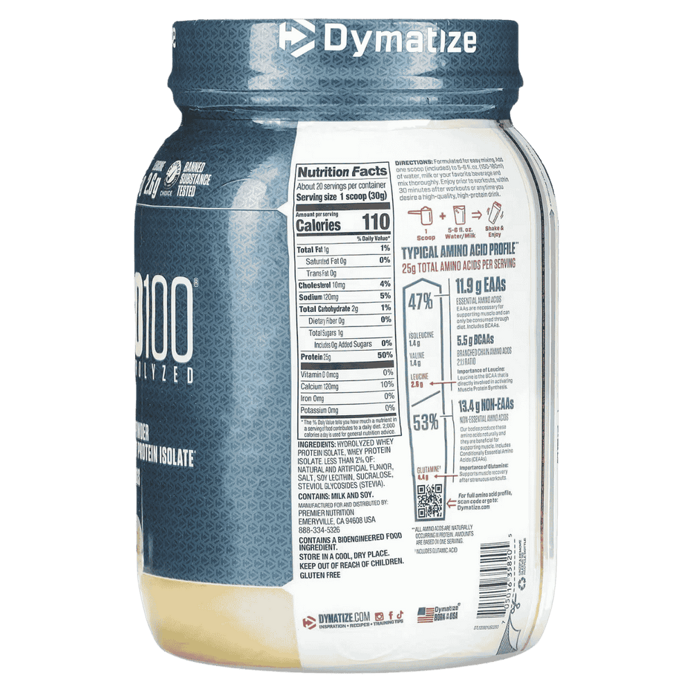 Tabla nutricional de la proteína ISO 100 sabor vainilla, mostrando su perfil bajo en carbohidratos y grasas.