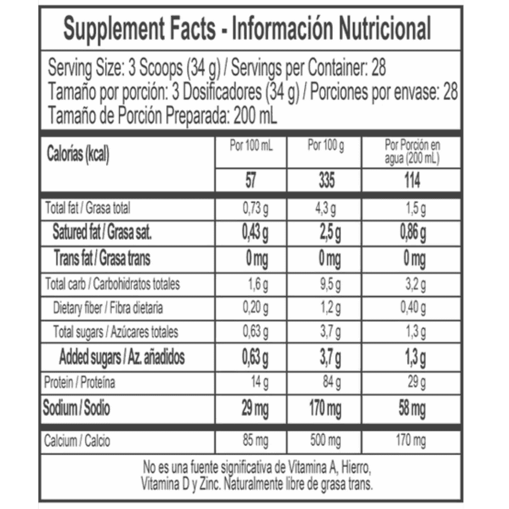 Tabla nutricional de Iso Whey, mostrando su perfil cero carbohidratos y alto en proteína.